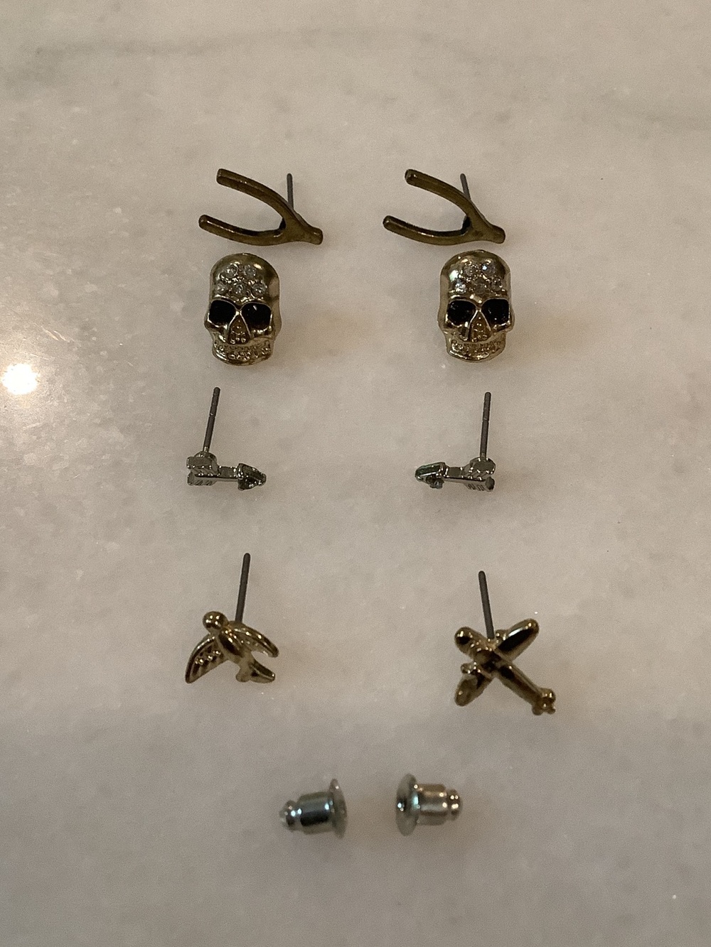 Gold and Silver Tone Skull & Airplane Stud Earring Set, Brand New